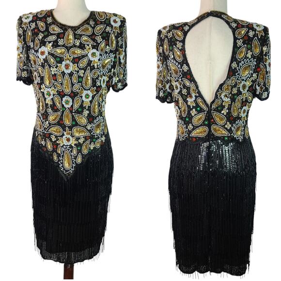 Sweelo Beaded Silk Black Gold Green Vintage Flapper Style Cocktail Evening Dress - Picture 1 of 6